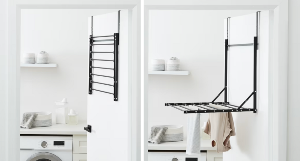 Kmart Clothes Dryer hangs on wall folded (left) and opened (right).