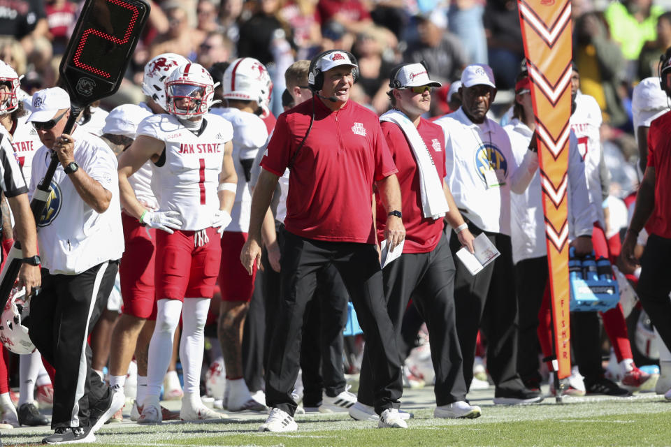 Jacksonville State head coach Rich Rodriguez is unhappy with an intentional grounding penalty during the second half of an NCAA college football game against South Carolina on Saturday, Nov. 4, 2023, in Columbia, S.C. (AP Photo/Artie Walker Jr.)