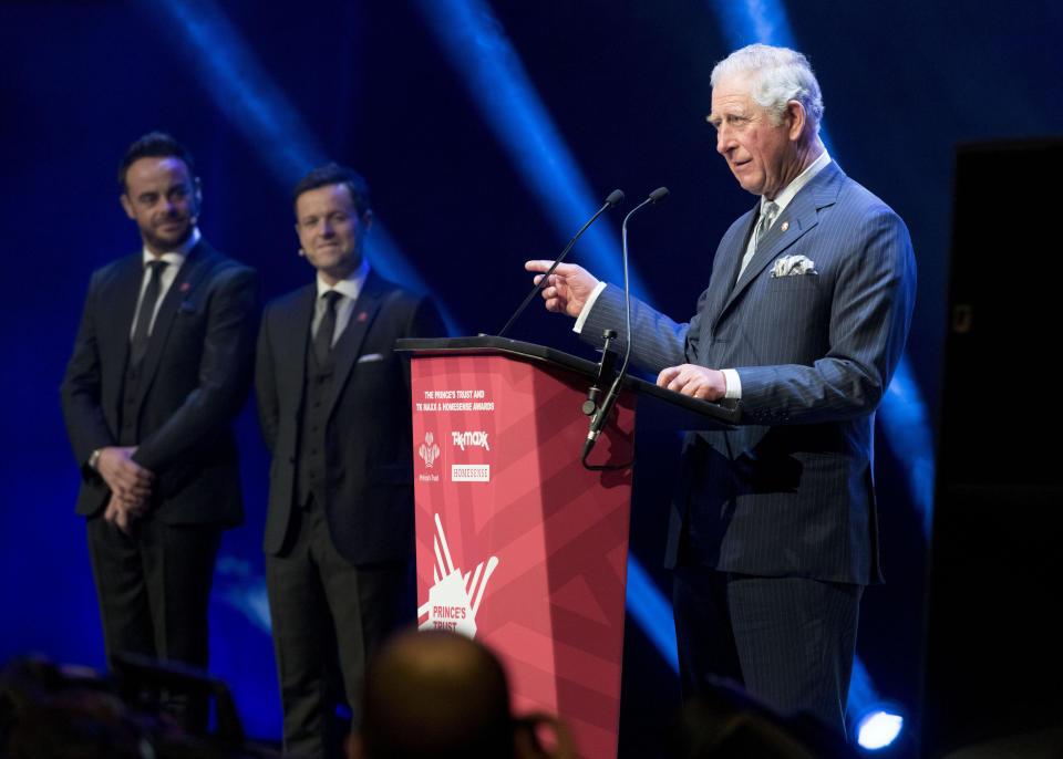 The Prince of Wales on stage with hosts Anthony 'Ant' McPartlin and Declan 'Dec' Donnelly at the Prince's Trust Awards at the London Palladium.