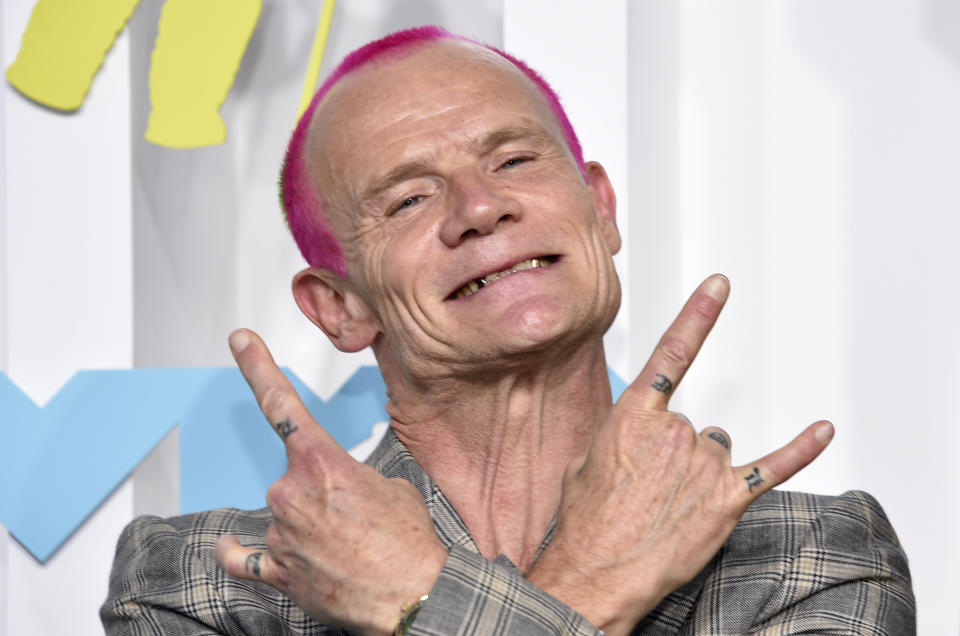 Flea, from Red Hot Chili Peppers, arrives at the MTV Video Music Awards at the Prudential Center on Sunday, Aug. 28, 2022, in Newark, N.J. (Photo by Evan Agostini/Invision/AP)