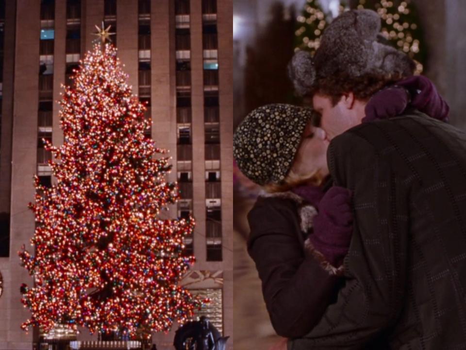 Rockefeller Center Christmas tree beside  Zoey Deschanel and Will Ferrell kissing.