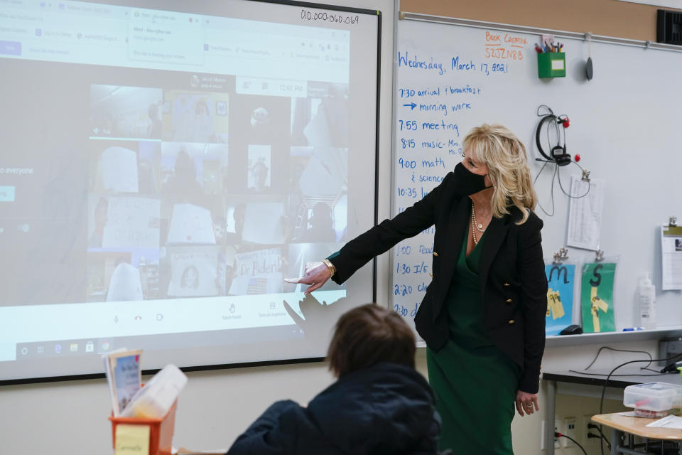 First lady Jill Biden speaks with students virtually during a visit to the Christa McAuliffe School in Concord, N.H., Wednesday, March 17, 2021. (AP Photo/Susan Walsh, Pool)