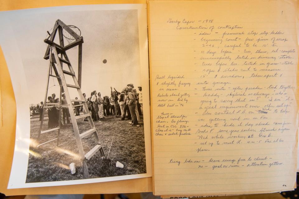 Skip Anderson has more than four decades worth of stories about his antics in the Kentucky Derby infield. Anderson keep detailed notes on his exploits, such as this basketball goal he erected in the infield. March 22, 2022