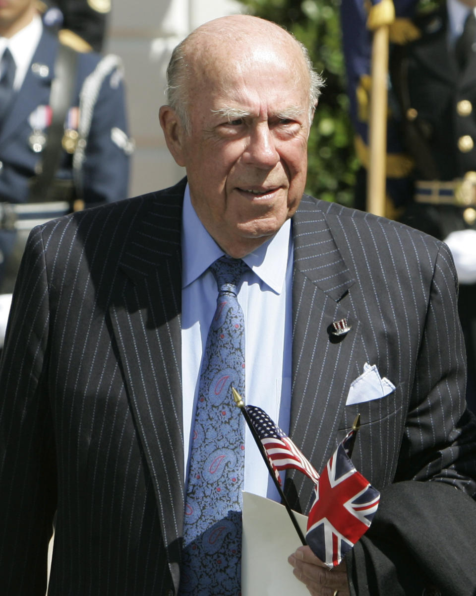 FILE - In this May 7, 2007 file photo, former Secretary of State George Schultz arrives to watch Queen Elizabeth II take part in arrival ceremonies on the South Lawn of the White House in Washington. Shultz, former President Ronald Reagan’s longtime secretary of state, who spent most of the 1980s trying to improve relations with the Soviet Union and forging a course for peace in the Middle East, died Saturday, Feb. 6, 2021. He was 100. (AP Photo/Ron Edmonds, File)