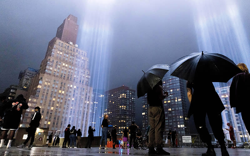 The annual Tribute in Light is illuminated above Lower Manhattan