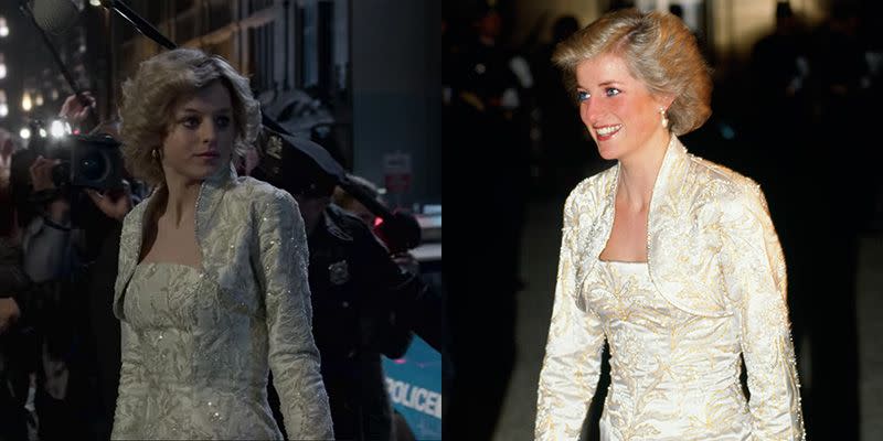 <p>In 1988, Princess Diana stunned in a white and gold brocade ball gown and matching bolero jacket. The dress was originally designed by Victor Edelstein and was shown at the end of season 4.</p>