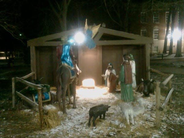 A nativity scene depicting birth of Jesus Christ on lawn outside Dearborn City Hall, on Michigan Avenue just west of Schaefer Road. Photo taken Dec. 9, 2011. In the 1980s, the American Civil Liberties Union sued to get it removed, saying it violated the separation of church and state. The city sold the slice of land where the nativity sat to a private party to avoid legal liability.