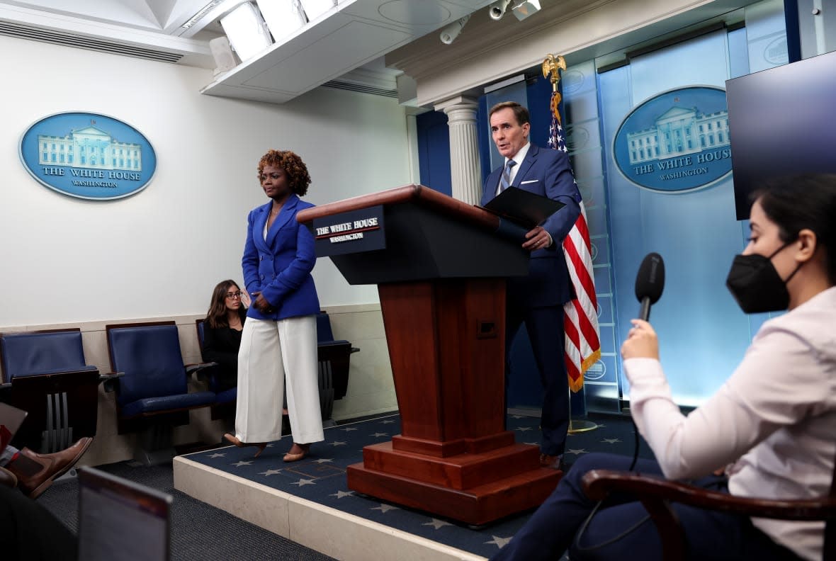 John Kirby, Coordinator for Strategic Communications at the National Security Council in the White House, speaks alongside White House Press Secretary Karine Jean-Pierre during a press briefing at the White House on Nov. 8, 2022 in Washington, D.C. (Photo by Kevin Dietsch/Getty Images)