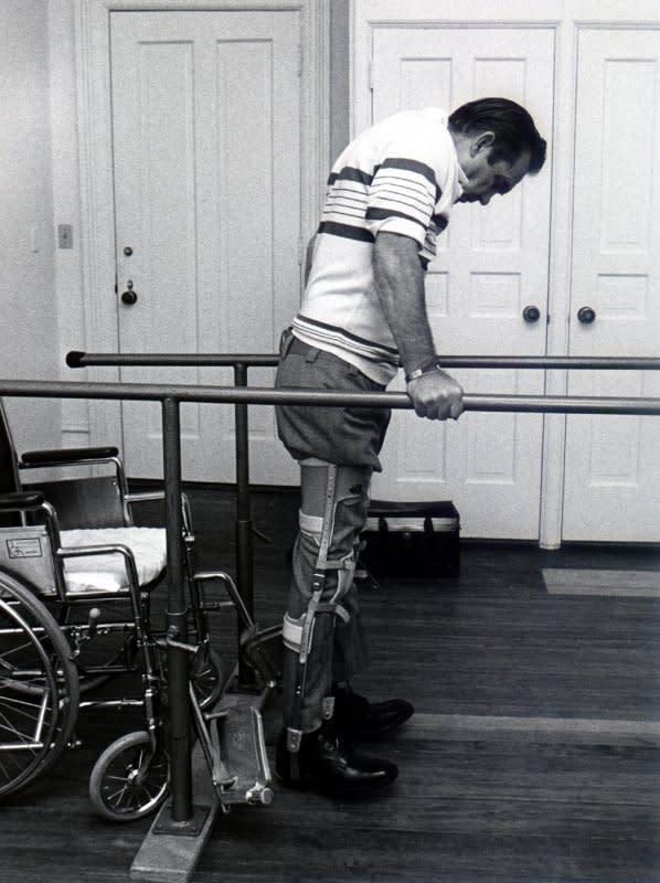 Former Alabama Gov. George Wallace goes through physical rehabilitation after an assassination attempt, May 15, 1972. On August 4, 1972, Arthur Bremer was found guilty of severely injuring Wallace, who was campaigning for president. Bremer was sentenced to 63 years in prison. UPI File Photo