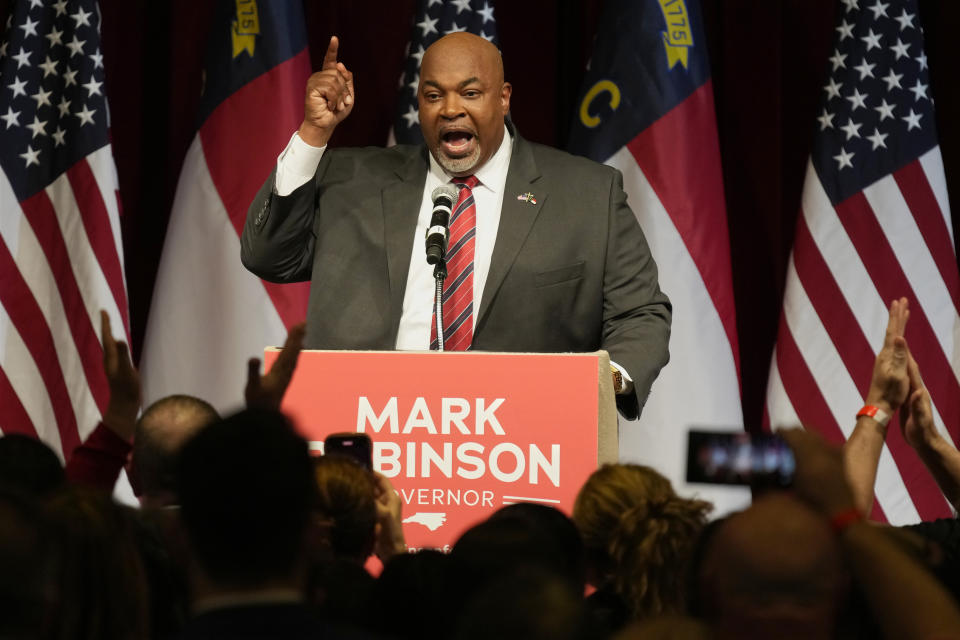 North Carolina Lt. Gov. Mark Robinson, Republican candidate for governor, speaks at an election night event in Greensboro, N.C., Tuesday, March 5, 2024. (AP Photo/Chuck Burton)