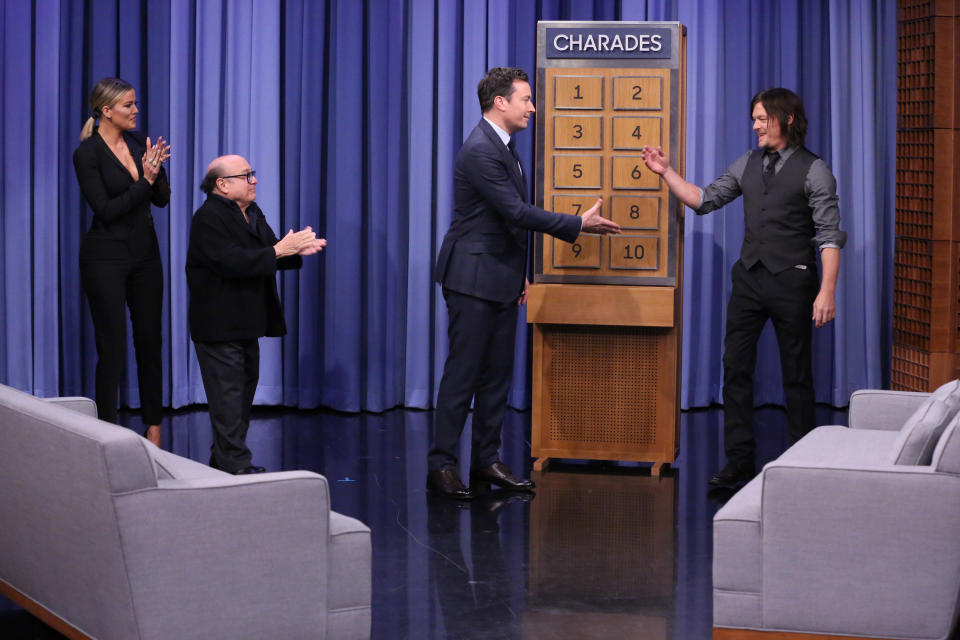 Television personality Khlo&eacute; Kardashian, actor Danny DeVito, host Jimmy Fallon, and actor Norman Reedus play Charades on January 13, 2016 -- (Photo by: Douglas Gorenstein/NBC)