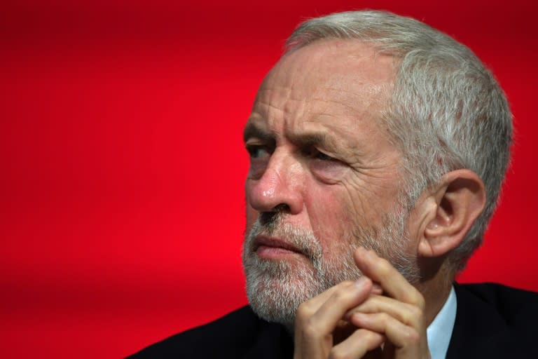 Britain's opposition Labour Party leader Jeremy Corbyn listens to speeches on the second day of the Labour Party Conference in Liverpool