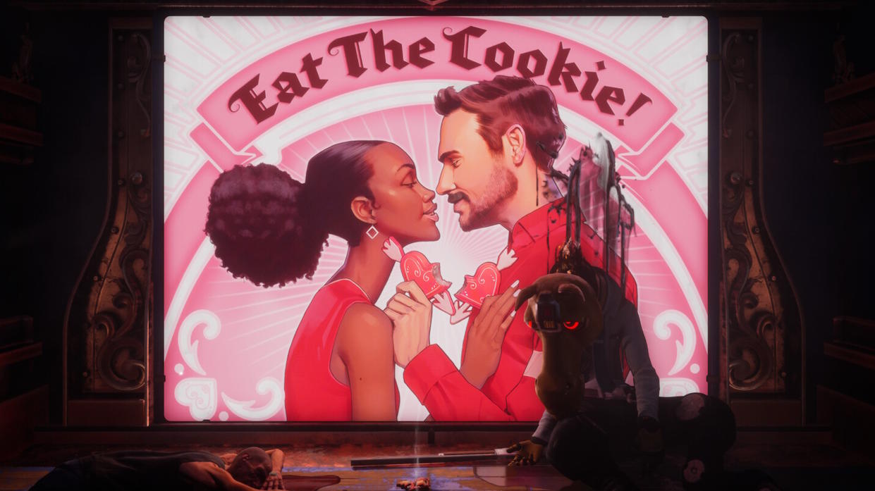  Judas screenshot - a happy couple about to kiss beneath a banner that says "eat the cookie". 