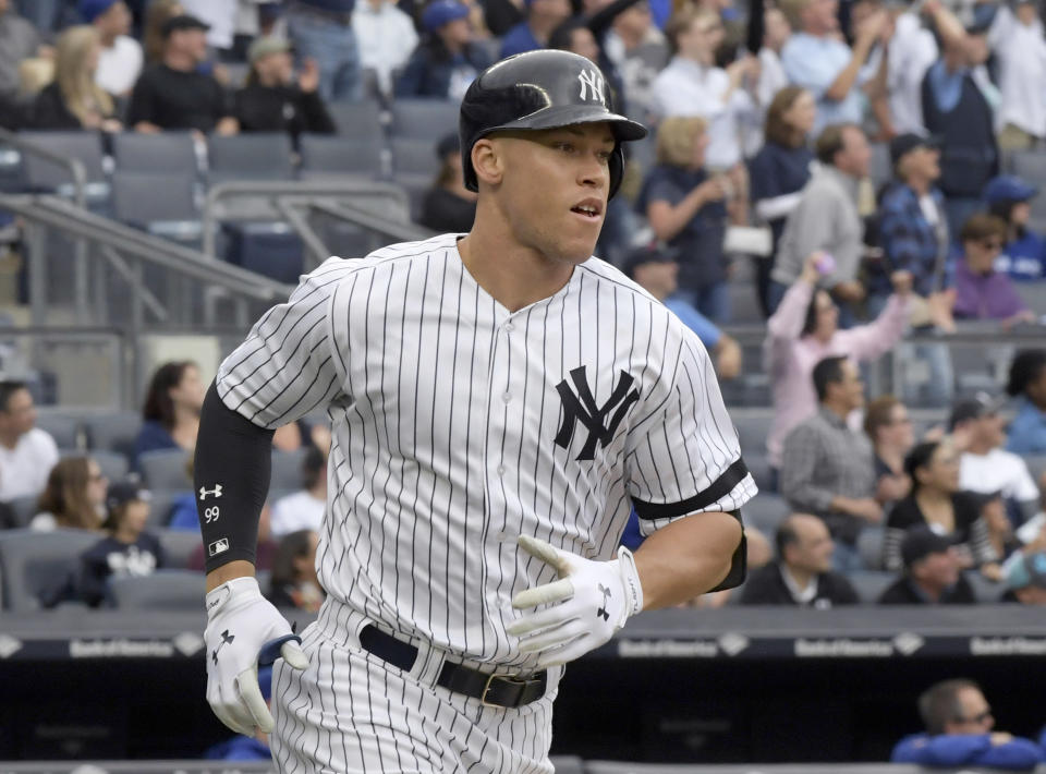 Aaron Judge after clubbing his 52nd home run of the season. (AP)