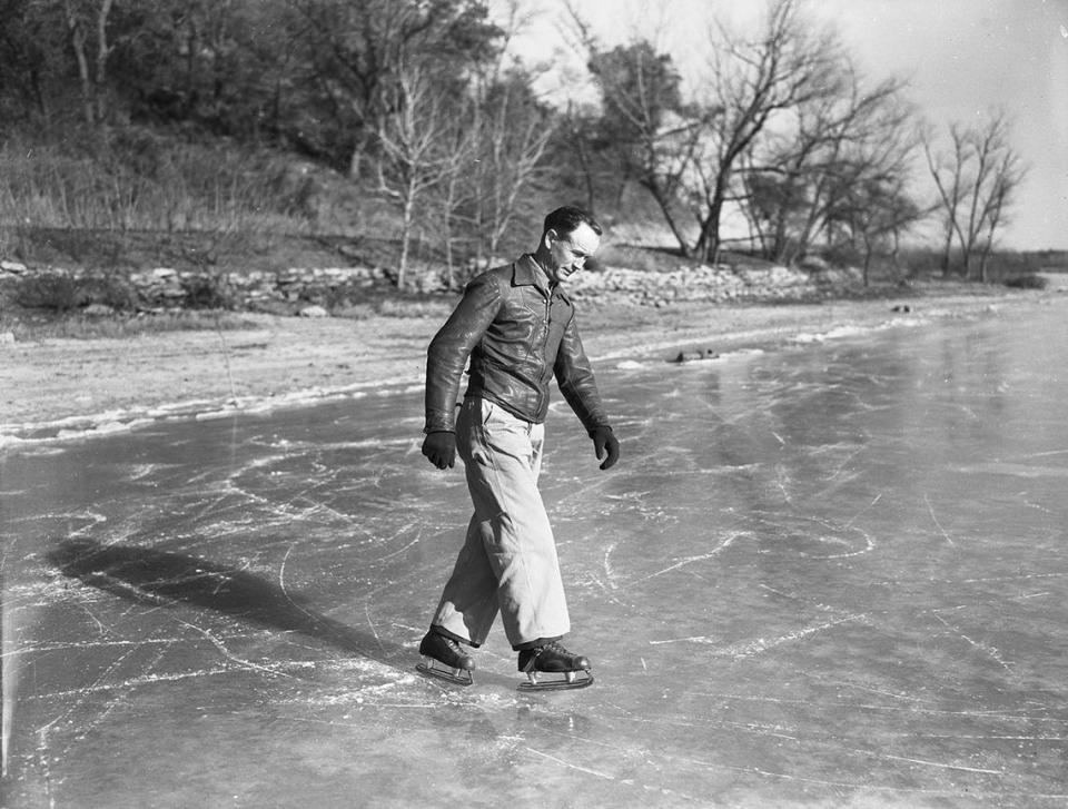 Ice skater Marion Herring made the front page of the evening paper Jan. 19, 1940, when below-freezing weather transformed Lake Worth into a glassy sheet. Ten years earlier, he had also laced up his skates, when the lake, usually a summertime playground, had turned into an ice rink.