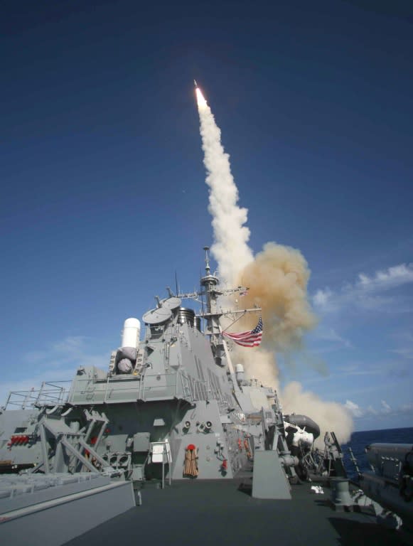 The US has a range of missile-defence technologies at its disposal, including the Aegis Combat System (pictured during a launch), Patriot missiles and sophisticated radars