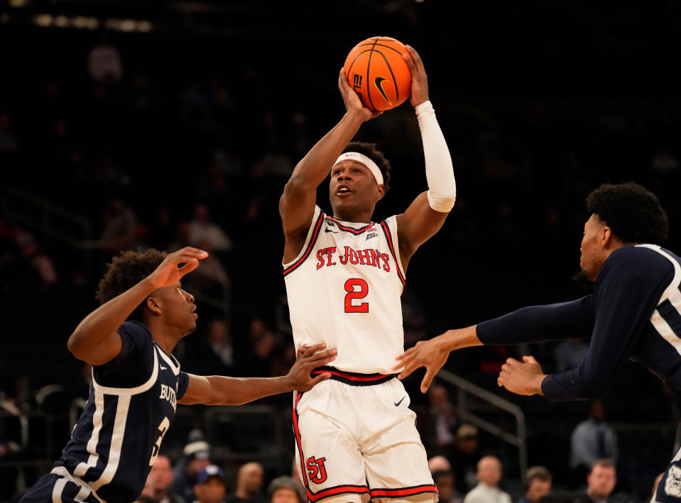 Mar 8, 2023; New York, NY, USA; St. John’s Red Storm guard AJ Storr (2) shoots in the first half at Madison Square Garden. Mandatory Credit: Robert Deutsch-USA TODAY Sports