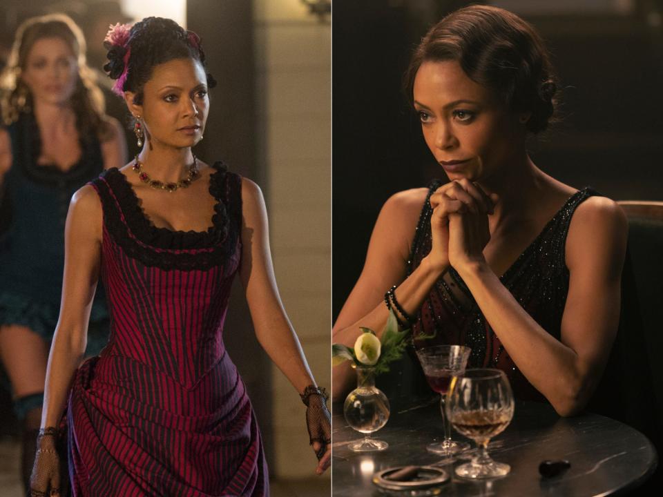 Maeve wearing a flapper burgundy dress is inspired by her original look in season one.