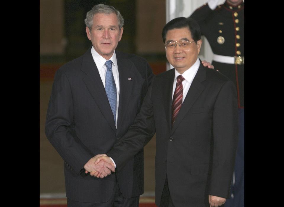 President Bush greets President Hu Jintao of China as he arrives at the North Portico of the White House in Washington, Friday, Nov. 14, 2008. President Bush invited leaders of the G-20 community to Washington for a weekend summit to discuss the world economy and the current condition of the financial markets. 