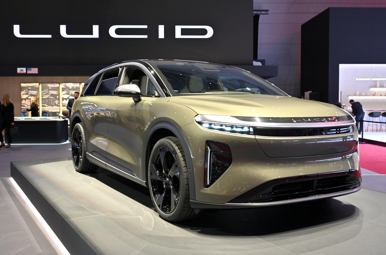 GENEVA, SWITZERLAND - FEBRUARY 26: A Lucid Gravity fully electric EV car is displayed during the Geneva Motor Show 2024 at Palexpo on February 26, 2024 in Geneva, Switzerland. The 2024 Geneva Motor Show opens today for the first time in five years. The event last took place in 2019 with the coronavirus pandemic forcing organisers to cancel the 2020 show just days before the show was due to open. This year’s Show will be a smaller affair with just four major manufacturers confirmed to attend.  (Photo by John Keeble/Getty Images)