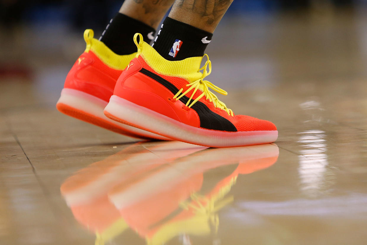 Sneakers worn by DeMarcus Cousins #0 of the Golden State Warriors during warm up before the game between the Golden State Warriors and the Portland Trail Blazers at ORACLE Arena on November 23, 2018 in Oakland, California.  (Photo by Lachlan Cunningham/Getty Images)