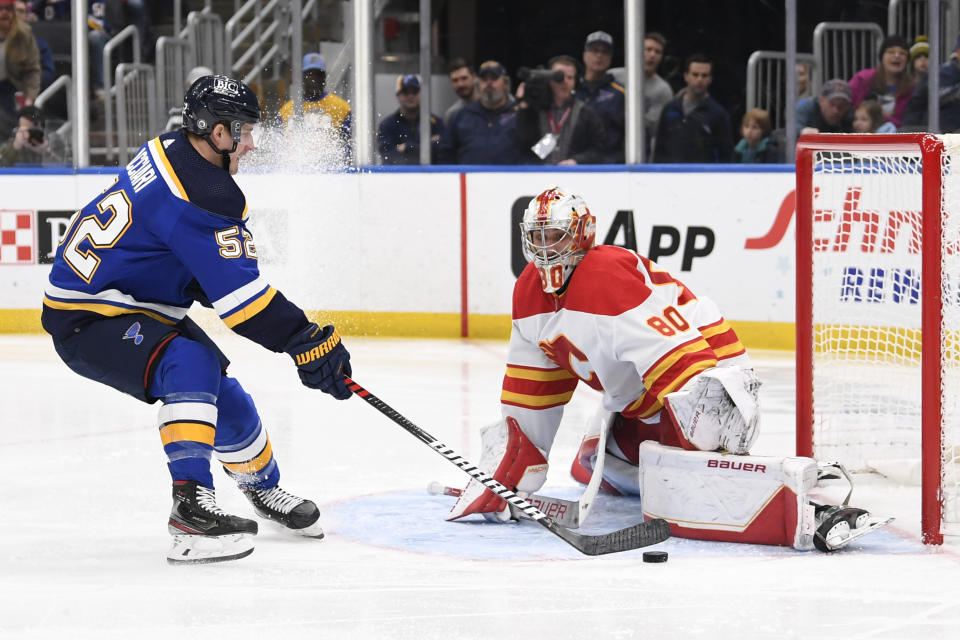 Calgary Flames goaltender Dan Vladar (80) defends the net from St. Louis Blues' Noel Acciari (52) during the second period of an NHL hockey game Thursday, Jan. 12, 2023, in St. Louis. (AP Photo/Jeff Le)