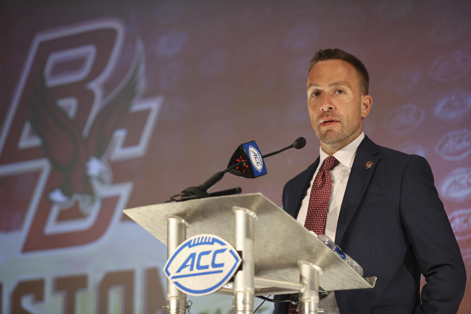 Boston College head coach Jeff Hafley answers a question during an NCAA college football news conference at the Atlantic Coast Conference media days in Charlotte, N.C., Thursday, July 22, 2021. (AP Photo/Nell Redmond)