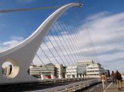 This March 14, 2014 photo shows the Samuel Beckett bridge across the River Liffey in Dublin, Ireland. The bridge is designed to evoke the image of a harp lying on its side. Many famous writers were born or lived in Dublin and the city is filled with plaques, statues and bridges commemorating them. (AP Photo/Helen O'Neill)