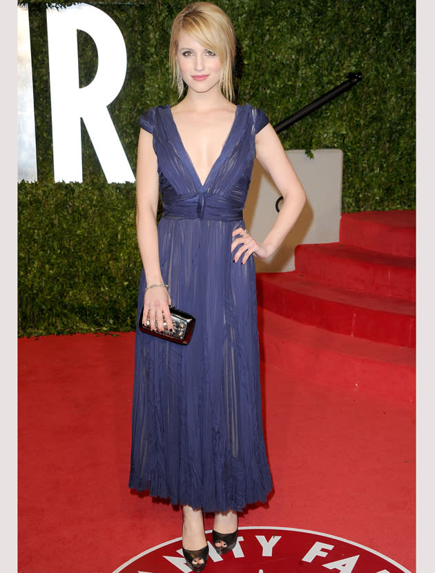 Oscars 2011 photos: Glee star Dianna Agron hit the Oscars after party in a blue sheer dress.