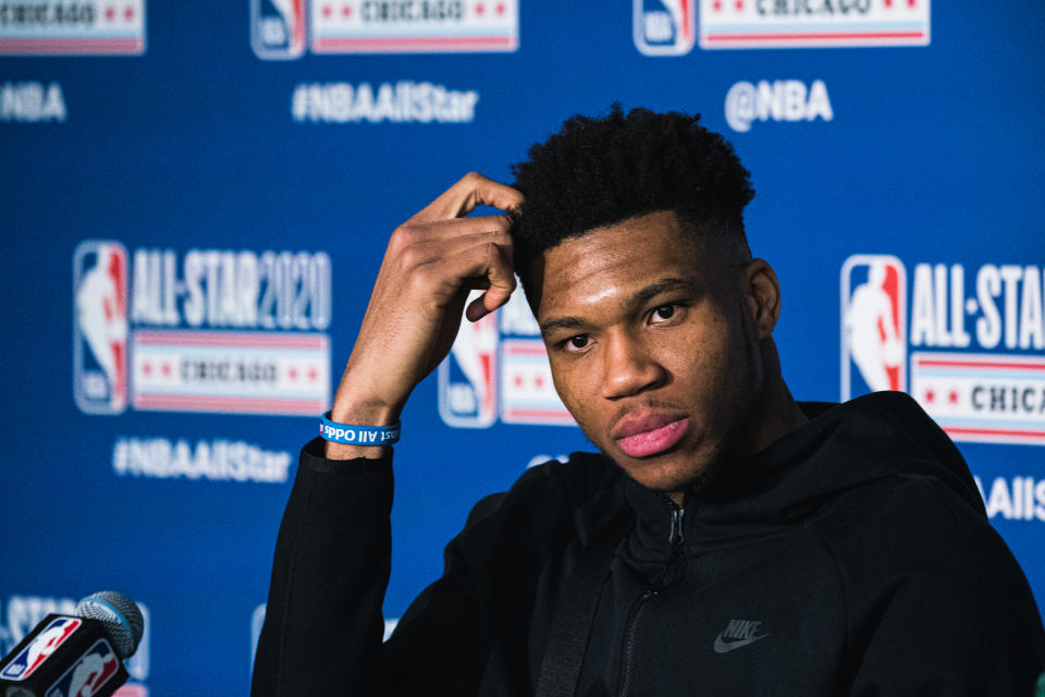 CHICAGO, ILLINOIS - FEBRUARY 16: Giannis Antetokounmpo of Team Giannis speaks to the media during the 69th NBA All-Star Game as part of 2020 NBA All-Star Weekend on February 16, 2020 at United Center in Chicago, Illinois. (Photo by Lampson Yip - Clicks Images/Getty Images)