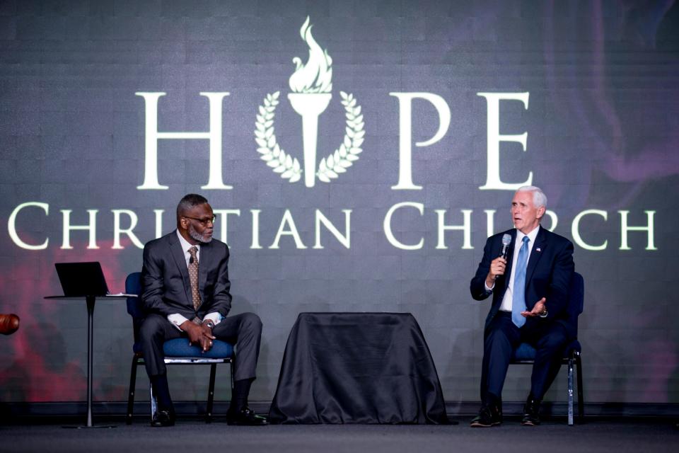 Vice President Mike Pence, accompanied by Bishop Harry Jackson, speaks to community and faith leaders at Hope Christian Church, Friday, June 5, 2020, in Beltsville, Md.