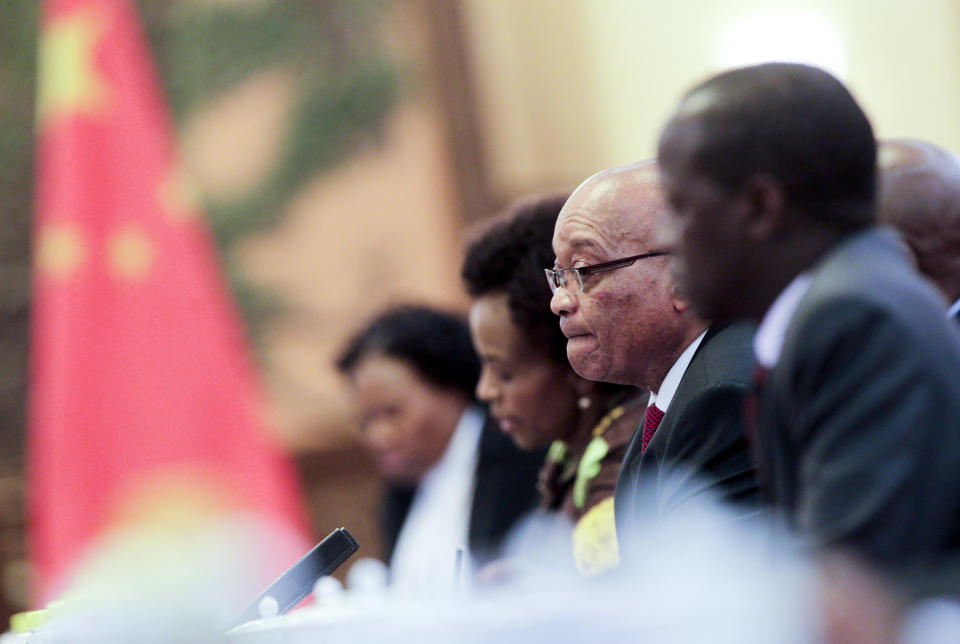 South African President Jacob Zuma, centre, holds talks with Chinese President Hu Jintao, unseen,) following a welcoming ceremony at the Great Hall of the People in Beijing, China Wednesday, July 18, 2012. Zuma is in Beijing at the invitation of Chinese President and will attend the opening ceremony of the fifth Ministerial Meeting of the Forum on China-Africa Cooperation (FOCAC) on 19 July. (AP Photo/Diego Azubel, Pool)