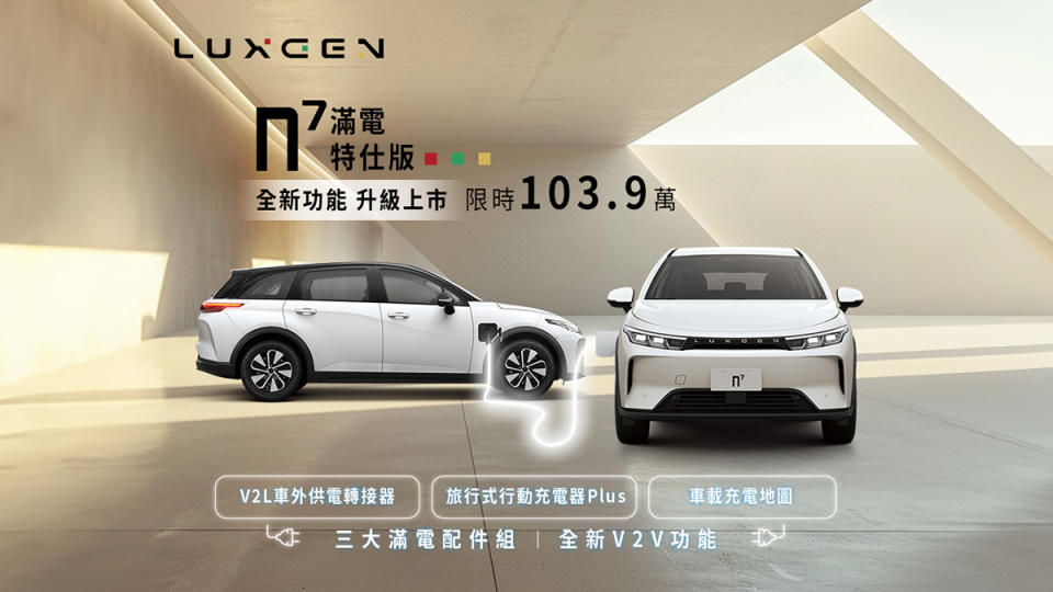 「LUXGEN n⁷滿電特仕版」增加多樣配備，會員專屬價為103.9萬元，訂購時間只到6月30日為止。（圖／LUXGEN提供）