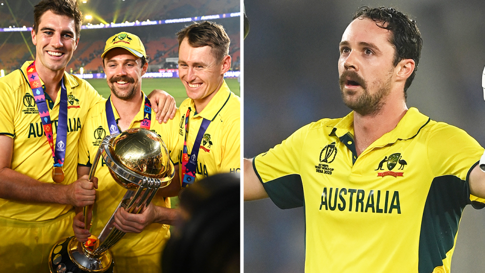 Travis Head poses with Pat Cummins and Marnus Labuschagne and Head celebrates.