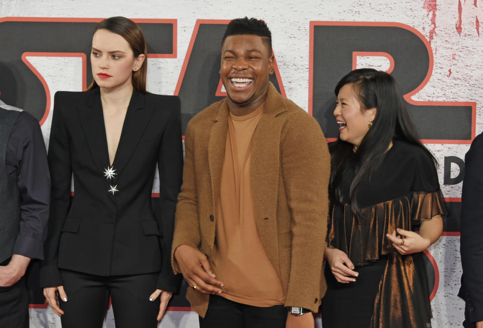 <i>Stars Wars: The Last Jedi</i> co-stars Daisy Ridley, John Boyega, and Kelly Marie Tran. (Photo: David M. Benett/Dave Benett/WireImage)