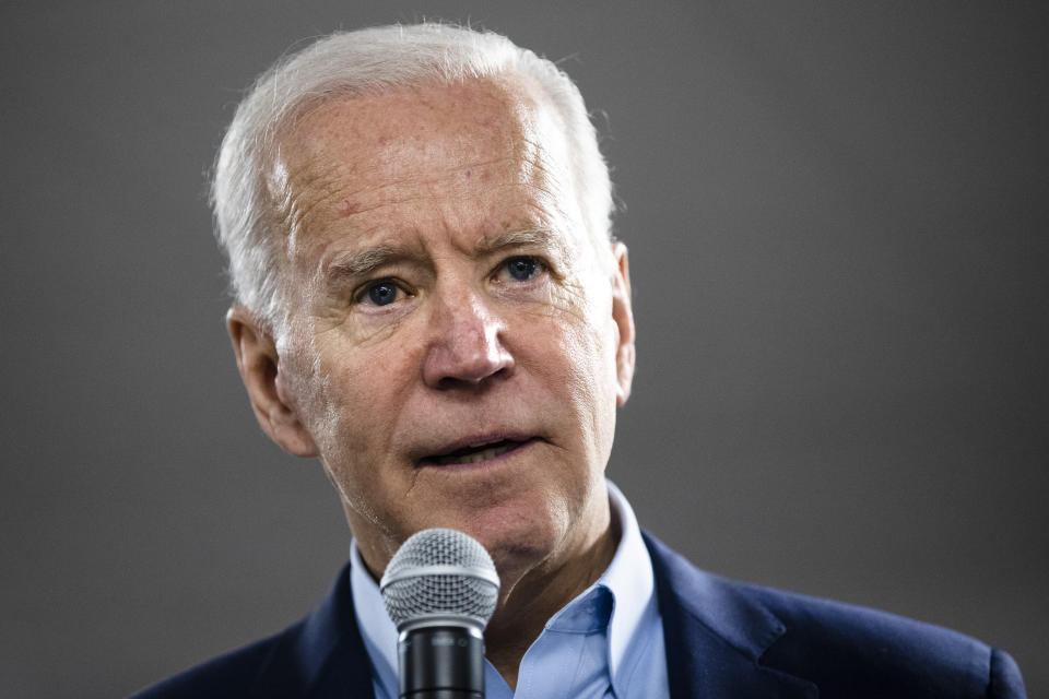 Democratic presidential candidate former Vice President Joe Biden speaks during a campaign event with the International Association of Bridge, Structural, and Ornamental Iron Workers, Sunday, Jan. 26, 2020, in Des Moines, Iowa. (AP Photo/Matt Rourke)