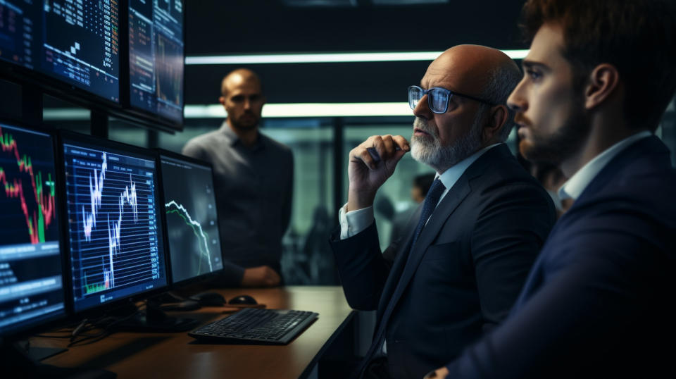 A modern looking financial adviser sitting in front of a trading monitor, gesturing to a group of investors.