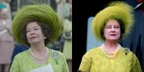 <p>The Queen Mother looked bright and cheerful at Prince Charles's investiture ceremony. The series decided to dress actress Marion Bailey in almost the exact same lime green lace suit and fur hat. </p>