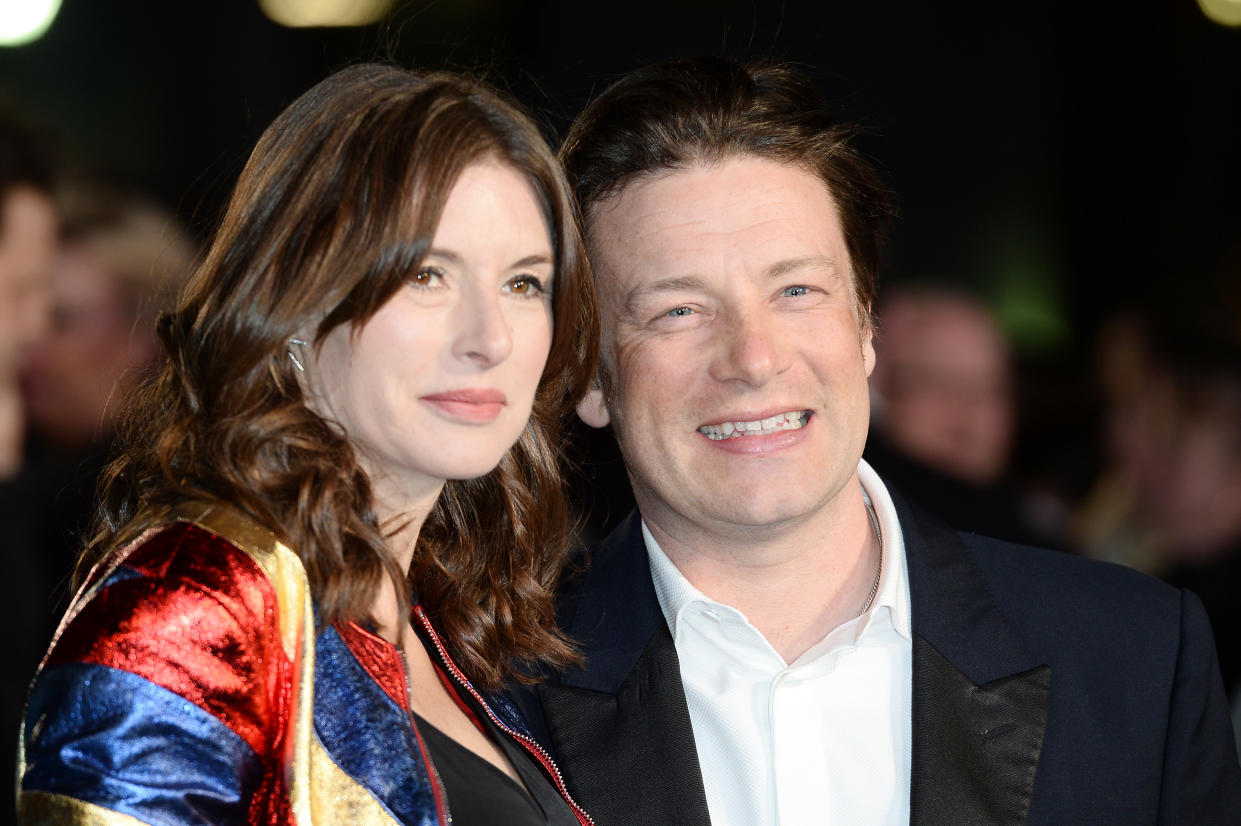 LONDON, ENGLAND - MARCH 17:  (L-R) Jools Oliver and Jamie Oliver arrive for the European premiere of 'Eddie The Eagle' at Odeon Leicester Square on March 17, 2016 in London, England.  (Photo by Jeff Spicer/Getty Images)