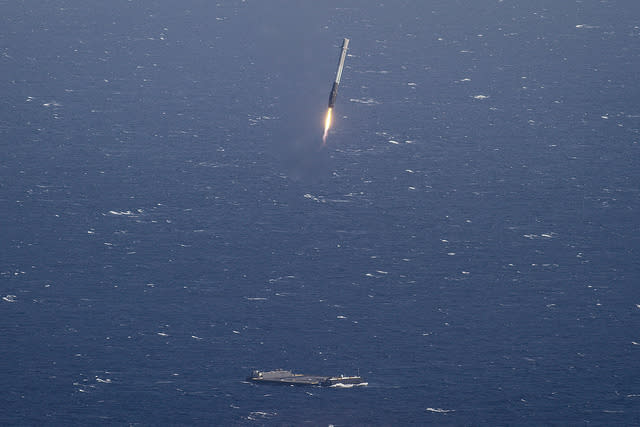 The first stage of SpaceX's Falcon 9 rocket comes in for a successful landing on a robotic drone ship in the Atlantic Ocean on April 8, 2016.