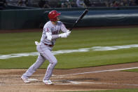 Los Angeles Angels' Shohei Ohtani flies out during the sixth inning of the team's baseball game against the Oakland Athletics in Oakland, Calif., Thursday, May 27, 2021. (AP Photo/Jeff Chiu)