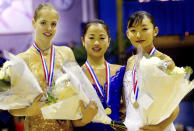 <p>Japanese skater Miki Ando (center) landed the first ratified quadruple salchow in competition in her long program at the Junior Grand Prix Final in Slovenia. </p>