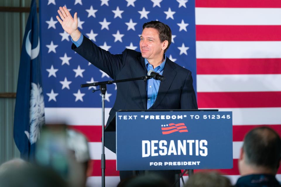 Presidential candidate and Florida Governor Ron DeSantis waves to a crowd at a campaign event on June 2, 2023 in Gilbert, South Carolina. The governor had campaign stops scheduled for Beaufort, Columbia and Greenville on Friday.
