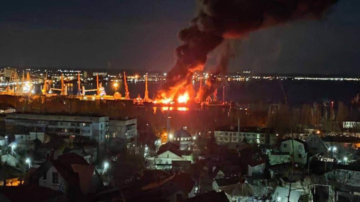 Landing ship Novocherkassk in occupied Feodosiia (Crimea) on fire. 