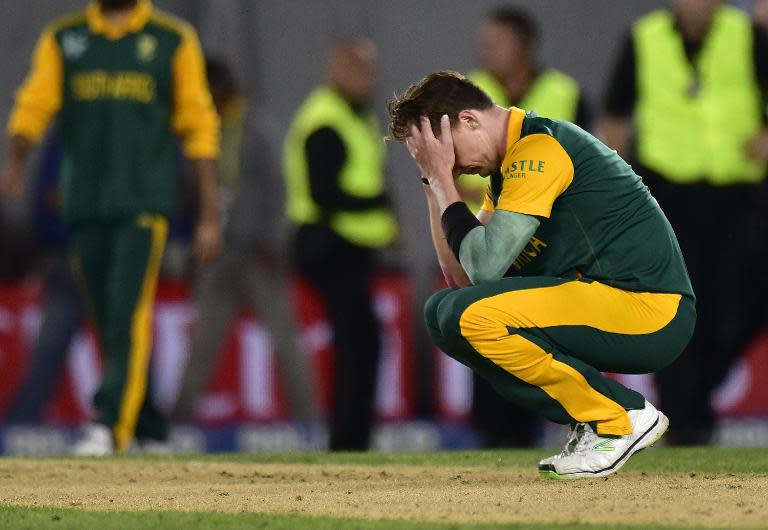 South African bowler Dale Steyn is dejected after a semi-final loss to New Zealand in Auckland on March 24, 2015