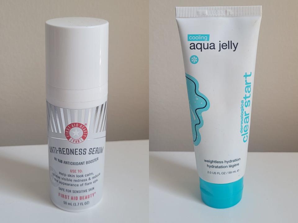 First Aid Beauty serum with blue and packaging and red logo; White tube with black "Aqua Jelly" text and a blue cap and design