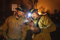 Private firefighter Bradcus Schrandt, right, holds an injured kitten while Joe Catterson assists, at the Zogg Fire near Ono, Calif., on Sunday, Sep. 27, 2020. (AP Photo/Ethan Swope)