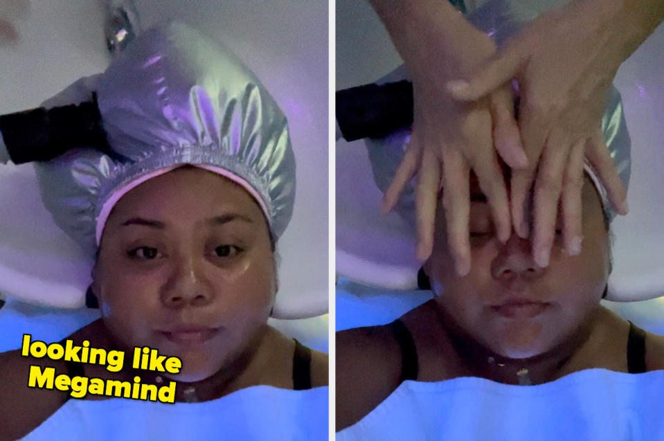 The author is getting a facial massage; the caption reads, "looking like Megamind"
