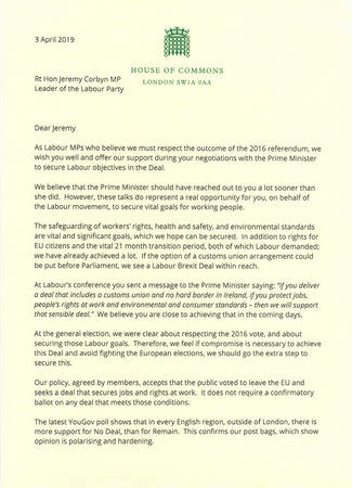 A copy of the first page of a letter from opposition Labour Party MPs to Labour Party leader, Jeremy Corbyn, urging him to go the "extra step" if there is a chance of agreeing a Brexit deal in talks with Prime Minister Theresa May, is seen in London, Britain April 4, 2019. REUTERS/Staff