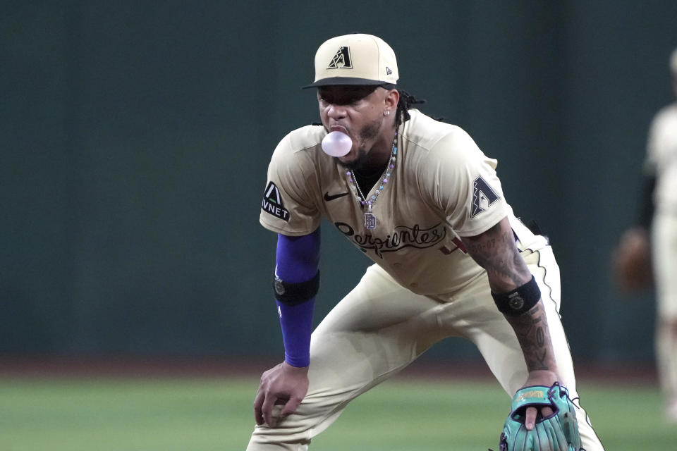 Arizona Diamondbacks second base Ketel Marte (4) against the Washington Nationals in the first inning during a baseball game, Tuesday, July 30, 2024, in Phoenix. (AP Photo/Rick Scuteri)